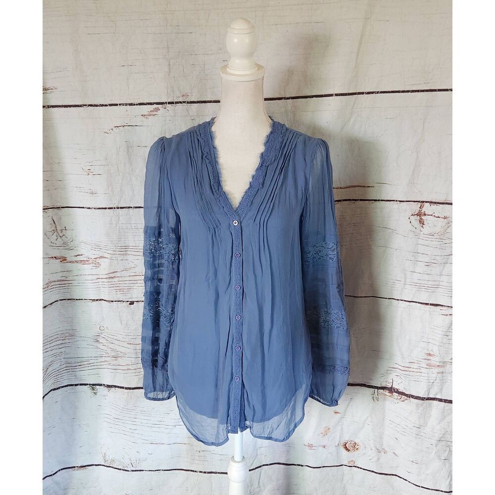 Sundance Button Front Flowy Lace Trimmed Blouse Size XS
